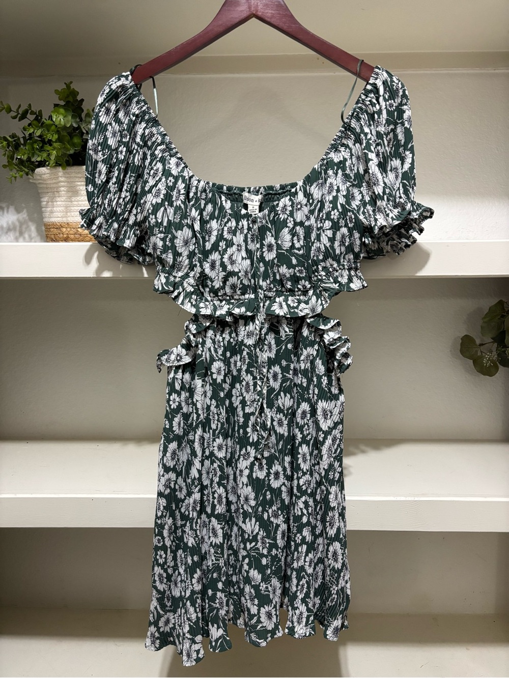 Green Floral Ruffle Waist cutout detail Dress